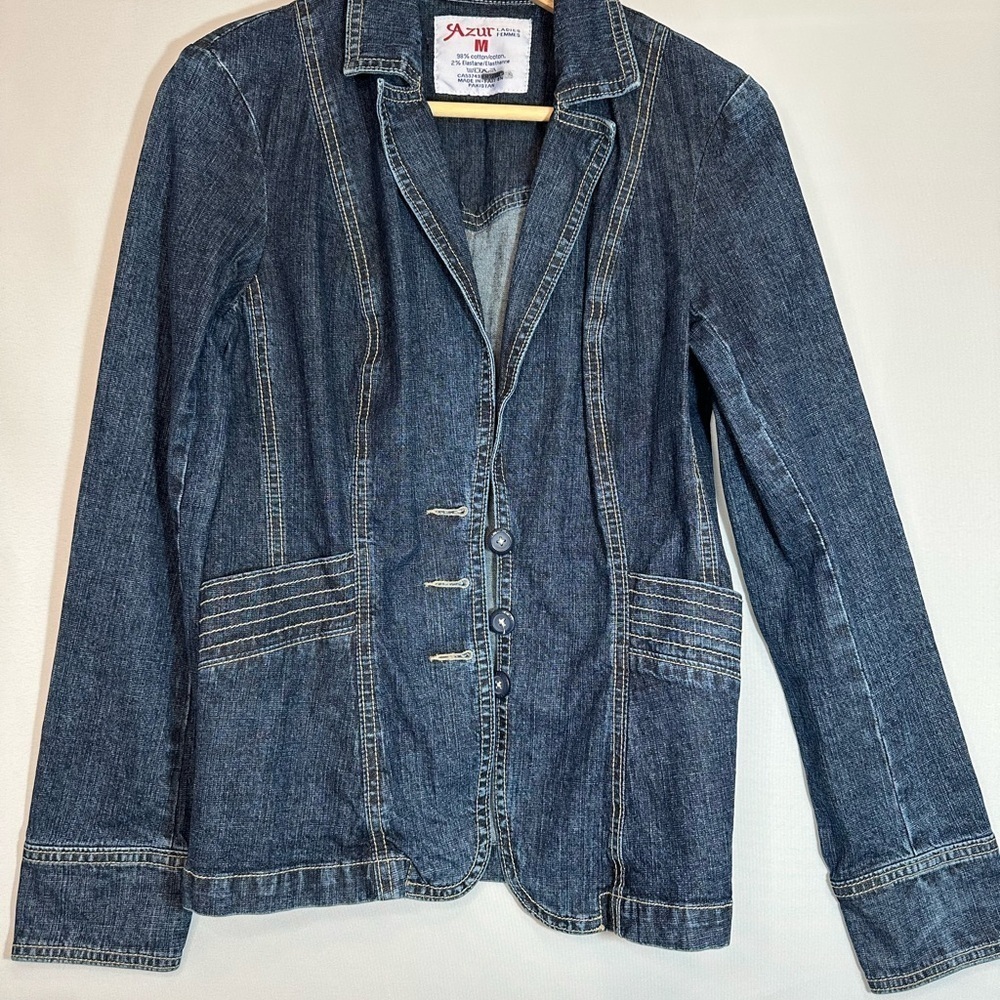 Azur Womens Size M Denim Jacket Blazer Coat Buttons Pockets Stitched Stretchy - Picture 2 of 14